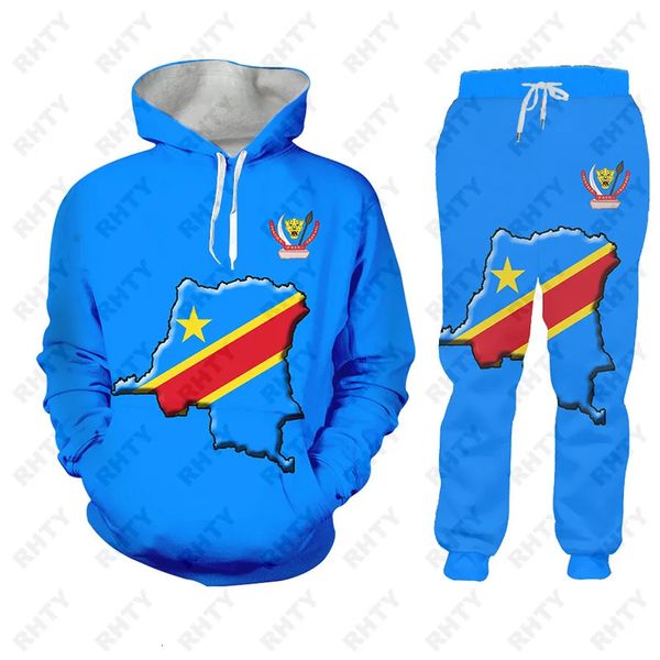 Congo Bandeira Zaire DR Hoodies Jaqueta Treino Homens Impressão 3D Calças Oversize Africano Pulôver Moletom Unissex Roupas Dropship 240106