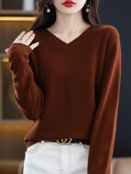 Maglione di cashmere Maglione lavorato a maglia da donna 100% pura lana merino Moda invernale Basic scollo a V Chic Top Autunno caldo pullover 240106