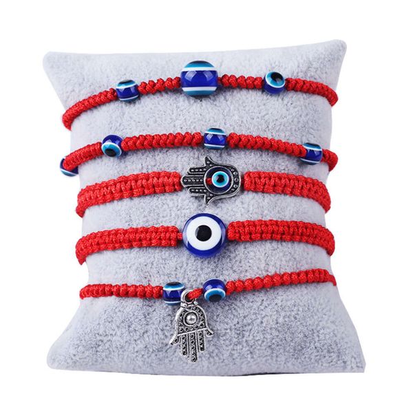 Pulseira tecida à mão da sorte kabbalah fio vermelho hamsa pulseiras azul turco mau olhado