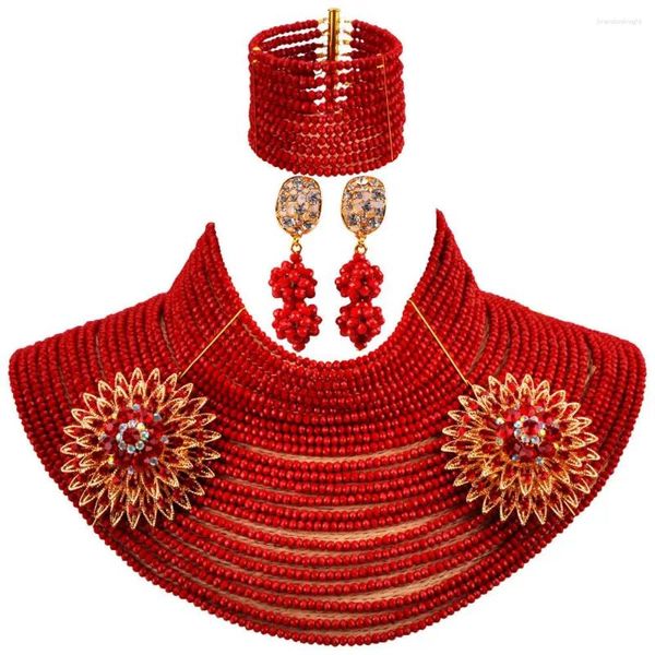 Collana Orecchini Set Moda Perline da sposa africane Gioielli Rosso opaco 25 strati 4mm Perline di cristallo 25LC08