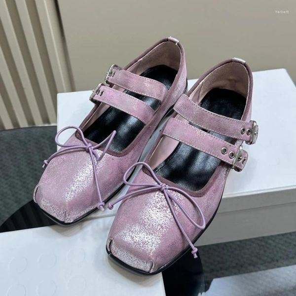 Geklede schoenen Roze Lakleer Dames Ballerina Zwart Vierkante Teen Flats Strik Dames Sandalias Riem Gesp Sapato Feminino Lente