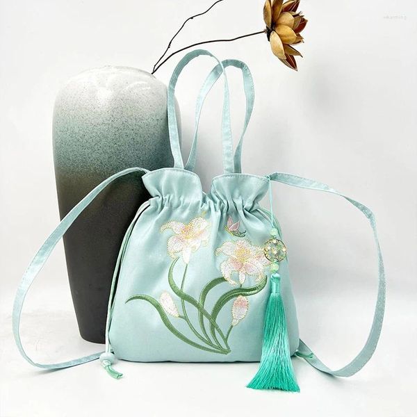 Сумки для покупок, древняя китайская женская сумка с вышитым цветком и кисточкой на шнурке Hanfu, сумка для телефона с ручкой, элегантный кошелек для косплея