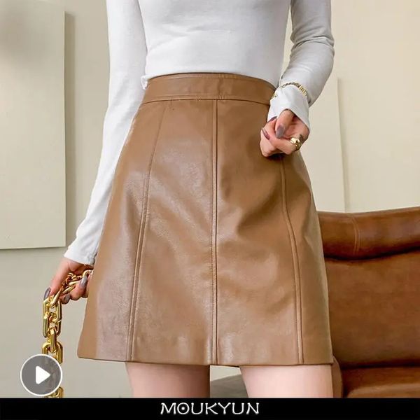 Moukyun Mini Seksi Deri Etek Kadınlar Bahar Sonbahar Kore Moda Kısa Etekleri Kadın Yüksek Belli Kulüp Kahverengi Aline 240106