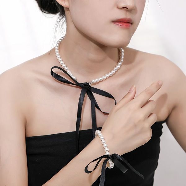 Goth – Long collier ras du cou avec ruban noir pour femmes, bijoux de fête de mariage, élégant, Imitation de perles blanches, colliers de vacances à la plage
