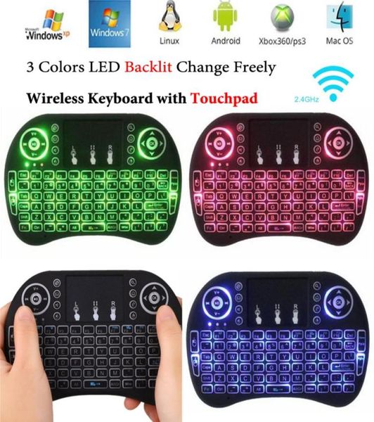 Mini teclado i8 colorido retroiluminação inglês controle remoto 24g teclado sem fio fly air mouse com touchpad para s912 android tv 7735257