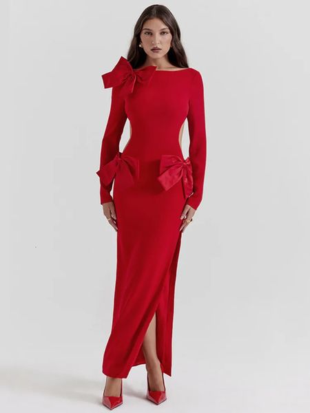 Mozision элегантное сексуальное платье макси с бантом и открытой спиной для женщин модное красное облегающее платье с круглым вырезом и длинным рукавом для клубной вечеринки 240106