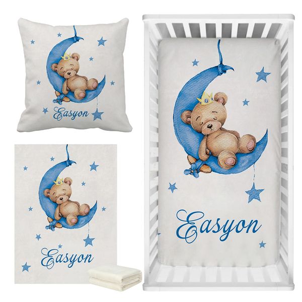 LVYZIHO Bettwäsche-Set für Kinderbett, individueller Name, schlafender Bär, blau, „Sleep on Moon“, Geschenk für Babyparty, 240106