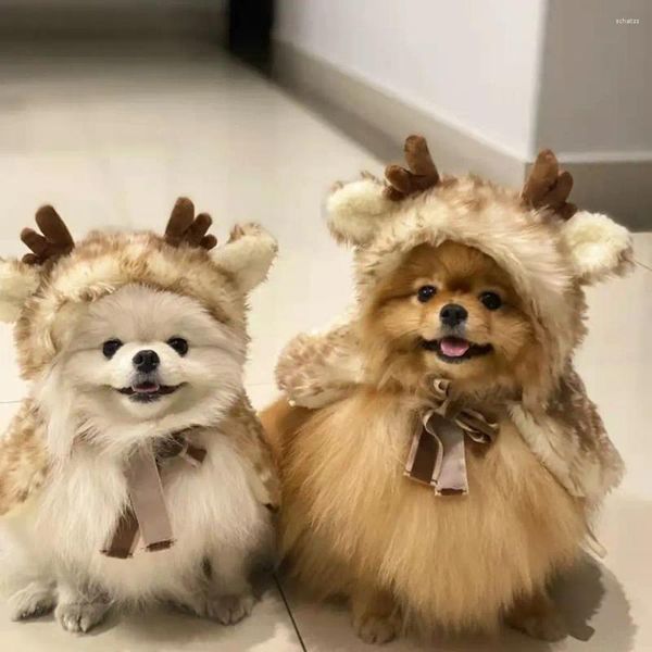 Cão vestuário quente gato elk manto pet cosplay roupas de pelúcia decorativa capa de natal macio com chifres chapéu xale festa