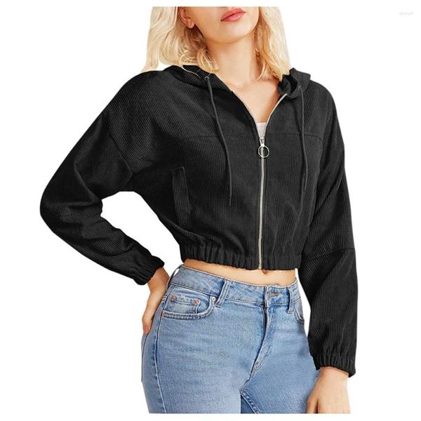 Damen-Kapuzenpullover mit Kordelzug, einfarbig, Reißverschluss, Crop-Tops für Teenager und Mädchen, Cord-Sweatshirts, Herbst, Kpop, koreanische, bequeme Streetwear