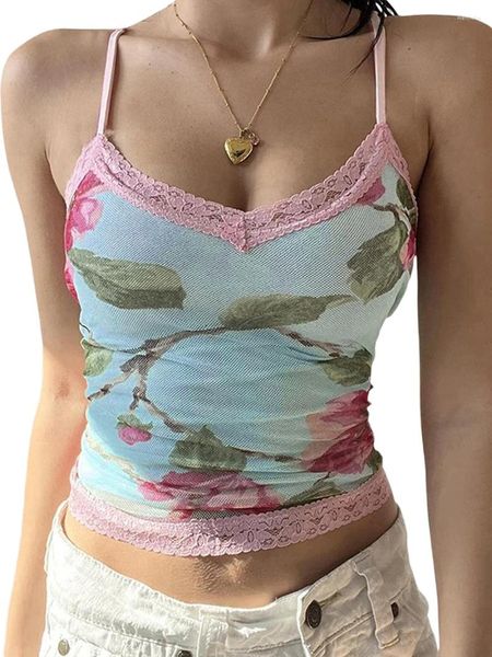 Damen Tanks Frauen Y2k Blumendruck Camisole V-Ausschnitt Spitzenbesatz Crop Tops Sommer ärmellose rückenfreie Slim Fit Weste Ausgehkleidung