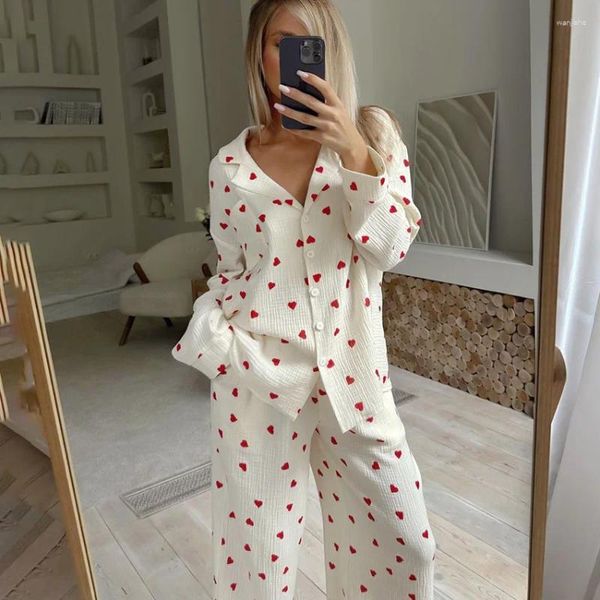 Kadınların pijama pamuk pijamaları set bayan uzun kollu gece kıyafetleri düğmesi aşağı gömlekler aşağı sıradan pantolon takım elbise 2 adet baskı love pijamalar ev