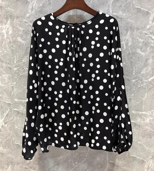 Camicette da donna Top Camicetta di seta moda 2024 Primavera Estate Designer Donna Polka Dot Stampe Manica lunga Elegante Nero Femminile