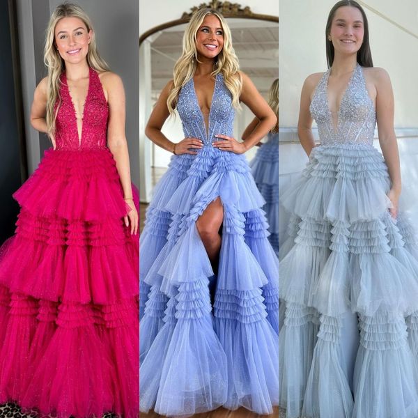 Halter Balgown Resmi Parti Elbise 2K24 Derin V-Gutt Glitter Tül Lady Pageant Balo Akşam Etkinliği Gala Kokteyl Kırmızı Halı Dans Elbisesi Fotoğraflar Fuşya Pembe Gri