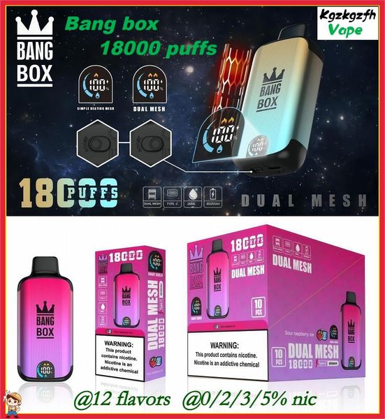 Bang Box Puff 18000 E Cigarros Kit Elf Box 18k Puffs Puffs Disponível Vape Pen Mesh Mesh Bobina recarregável 850mAh Vapers de bateria 0% 2% 3% 5% 12 Cores Vaporizadores Dual malha dupla