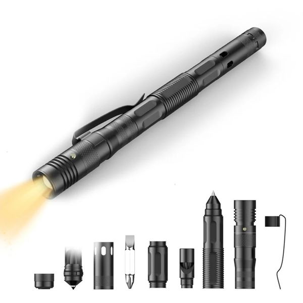 Многофункциональная тактическая ручка для самообороны, женский фонарик, алюминиевая отвертка, штопор, защитные аксессуары для выживания 240106