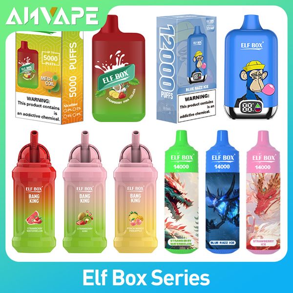 Original Elf Box Series Desechable Vape Pen 5K / Digital12K / BangKing12K / 14K Puffs Pods E Cigarrillo 0/2/3/5% Nic con batería recargable Bobina de malla Barra de cápsulas precargada