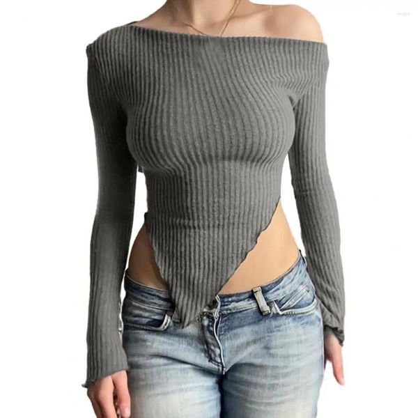 Camicette da donna Maglietta Top Manica lunga lavorata a maglia Camicetta da donna Collo obliquo Una spalla Orlo irregolare Slim Elastic Lady Crop