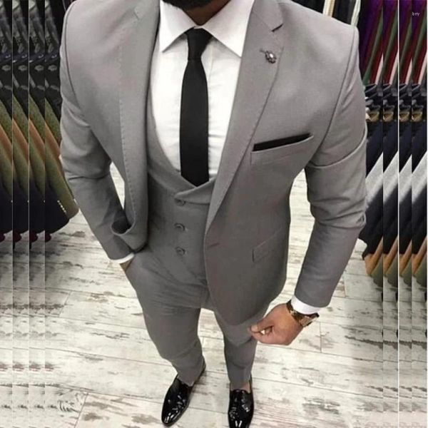 Abiti da uomo eleganti blazer grigio risvolto dentellato monopetto smart casual giacca 3 pezzi pantaloni gilet set formale