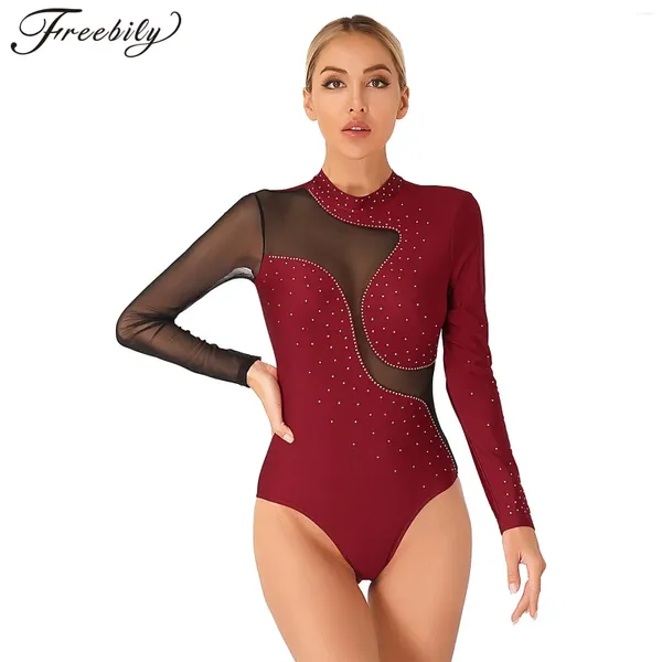 Stage Wear Donna Costumi di pattinaggio di figura Maglia trasparente Manica lunga Body da ballo Strass lucidi Acrobazia Ginnastica Balletto Dancewear