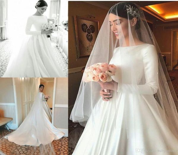 Simples projetado cetim vestidos de casamento modesto manga longa beteau decote tribunal trem vestidos de noiva formal robe de mariage9725551