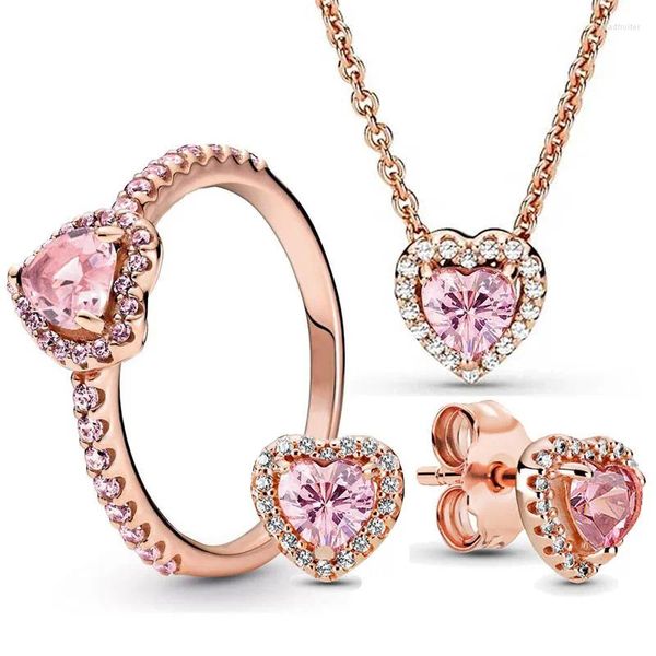 Anelli a grappolo Anello per orecchino con collana a cuore elevato scintillante rosa in argento sterling 925 con cristallo rosa per set di gioielli di moda da donna