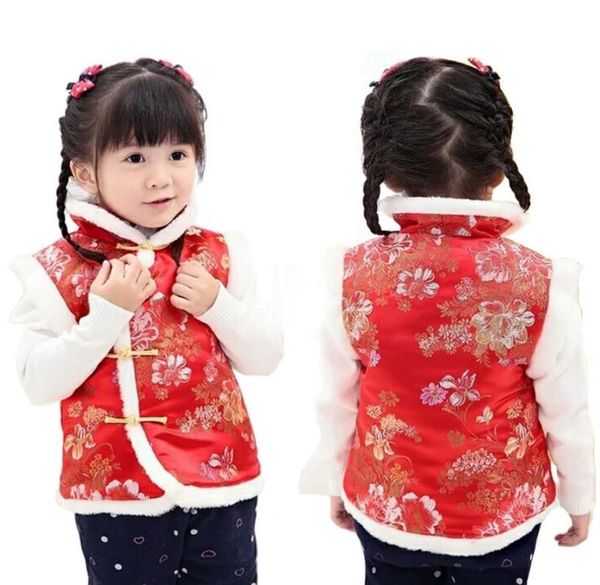 Kırmızı Çiçek Bebek Kız Delek Şakayık Çocuk Yelek Tank Tops Çin Geleneksel Qipao Kıyafet Kolsuz Kızlar Ceket Ceket 211419087