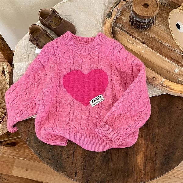 Meninas suéteres outono inverno rosa amor jacquard manga longa malha crianças pullovers malhas 240106
