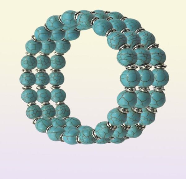 Braccialetti elastici con perline turchesi da 8 mm con perline distanziatrici color argento per donna 8231955