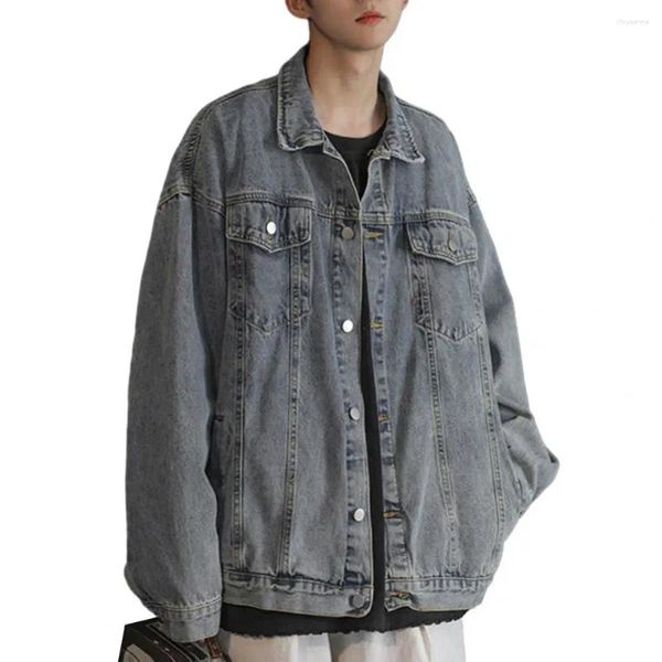 Мужские куртки Мужская джинсовая куртка в стиле ретро в стиле хип-хоп Свободные однобортные однобортные с лацканами с длинными рукавами и несколькими карманами Верхняя одежда Уличная одежда