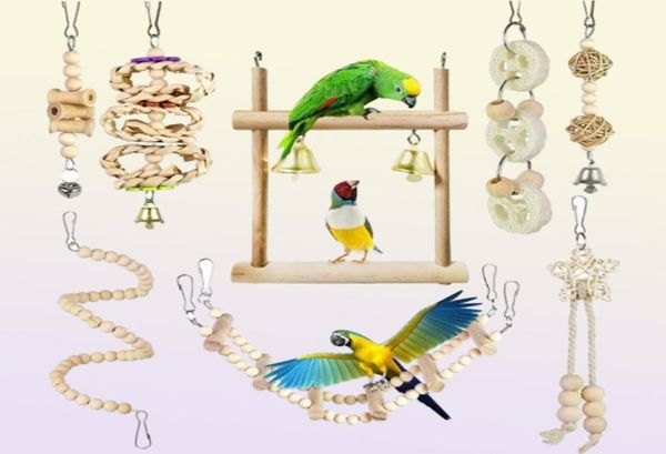 Diğer kuş malzemeleri 8pcsset papağan oyuncakları ahşap asılı salıncak hamak tırmanma merdivenleri oyuncak muhabbet kuşları CAGE C42oth1956226