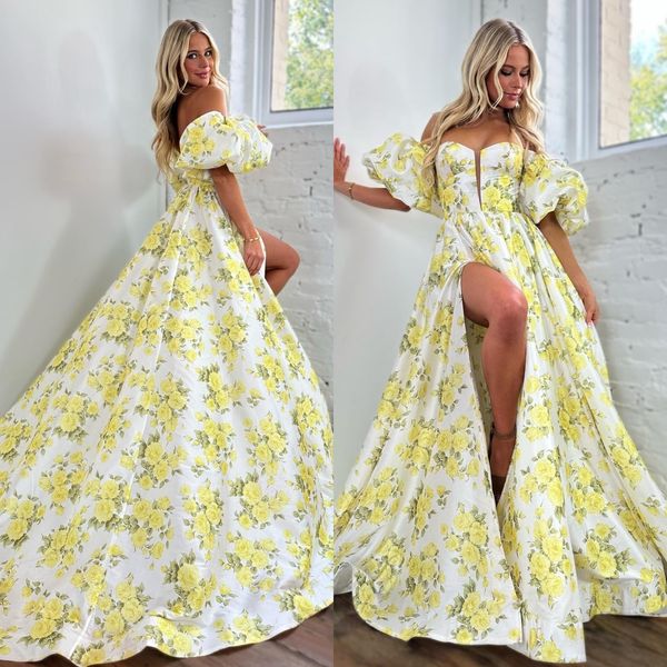 Vestido de baile rosa amarelo 2k24 mangas balão estampado júnior senhora sênior concurso noite formal hoco gala coquetel festa tapete vermelho vestido dramático sessão de fotos saia com fenda alta