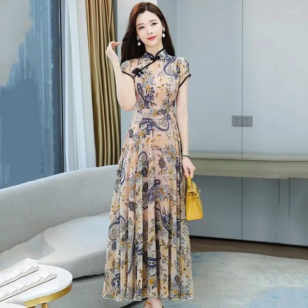 Этническая одежда, женское летнее платье Cheongsam, винтажное платье с цветочным узором для матери, свадебные костюмы в китайском стиле, большие размеры, длинное Qipao, от M до 3XL