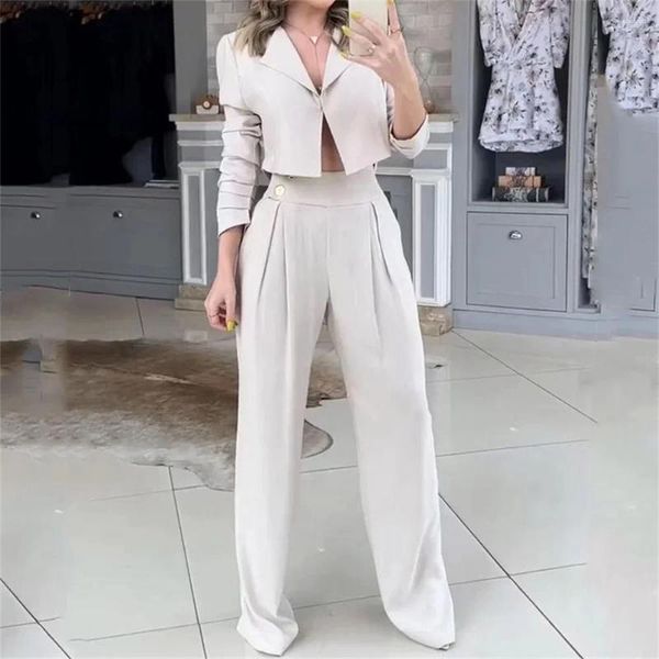 Calças femininas outono bege colheita blazer longo terno para mulheres elegante manga lapela tops solto cintura alta reta ol outfits