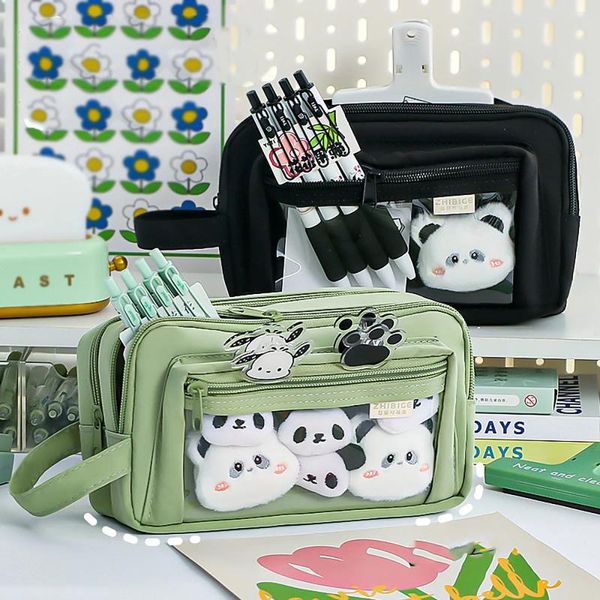 Sacos escolares Clear Lápis Bolsa Kawaii Itabag Caso Dupla Camada Zipper Pen Bag Com Alça Para Estudante Escritório