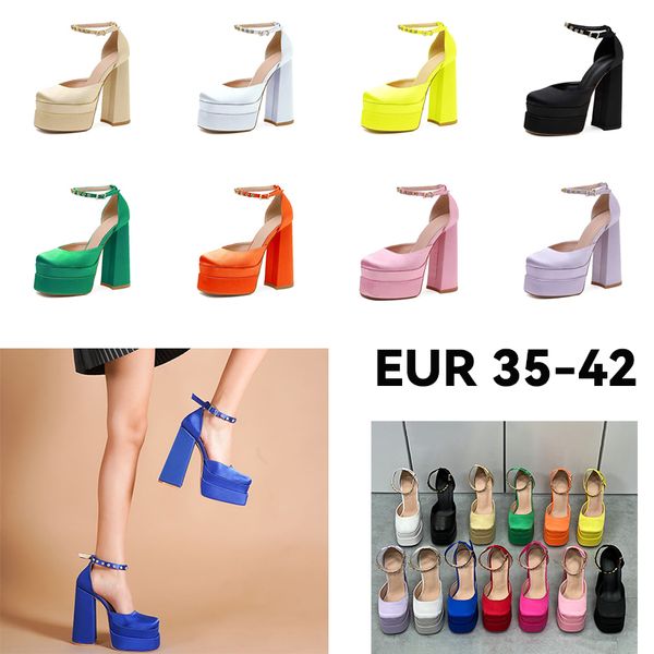 Designer-Absatz EUR 35–42, elegante Braut- und Hochzeitskleid-Schuhe, Damen-Sandalen, klobige High-Heels, Leder-Damen-Party-Plattform, Mesh-Sandale, Slipper, Satin