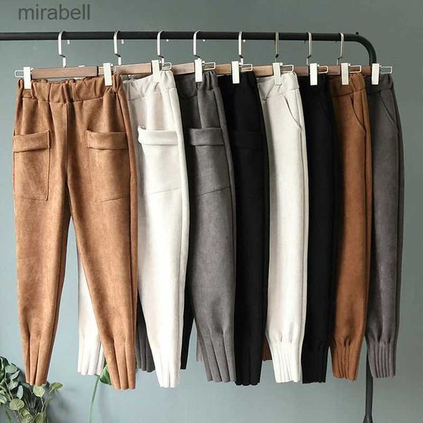 Männer Hosen Casual Herbst Winter Frauen Hosen Koreanische Elastische Hohe Taille Taschen Wildleder Harem Hosen Hosen Frauen Pantalon Femme YQ240108