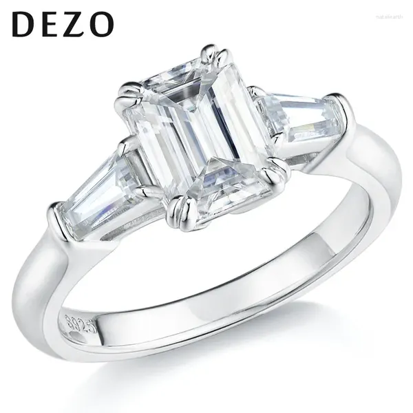 Anéis de cluster Dezo todos os moissanite 3-pedra noivado para mulheres sólidas 925 prata esterlina esmeralda corte 2ct vvs1 d cor gra certificado
