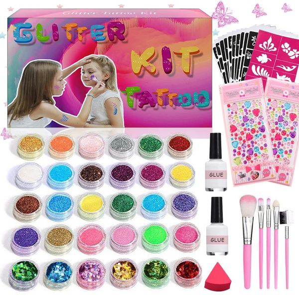 Glitzer-Tattoo-Vorlagen, Flash-temporäre Tattoo-Sets mit Make-up-Pinseln, für Kinder und Erwachsene, Gesichts- und Körperbemalungs-Werkzeug-Set, Weihnachtsgeschenke 240108