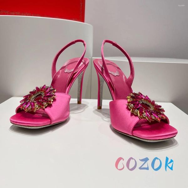 Sandálias verão luxo rosa-vermelho seda peep toe anular fivela de cristal salto alto sexy couro real sapatos de designer feminino