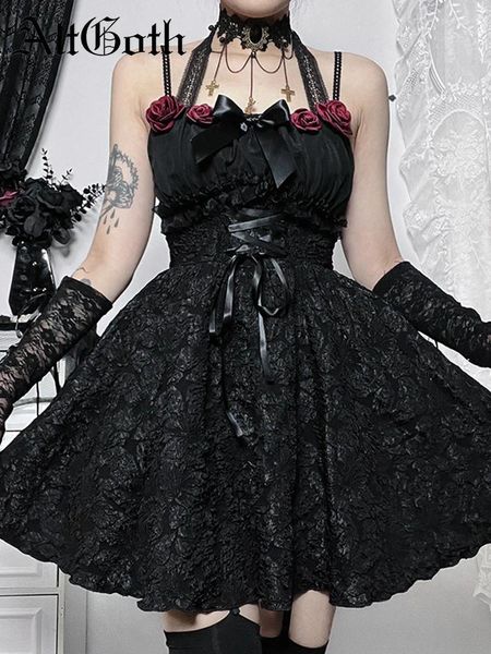 Lässige Kleider AltGoth Dark Gothic Schwarz Lolita Kleid Frauen Ästhetische Fairycore Grunge Rose Spitze Patchwork Hohe Taille Korsett Clubwear