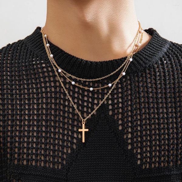 Ожерелья с подвесками PuRui, многослойная цепочка с искусственным жемчугом, очаровательное колье для мужчин, ожерелье с крестом, ювелирный воротник, вечерние для мальчиков, улица
