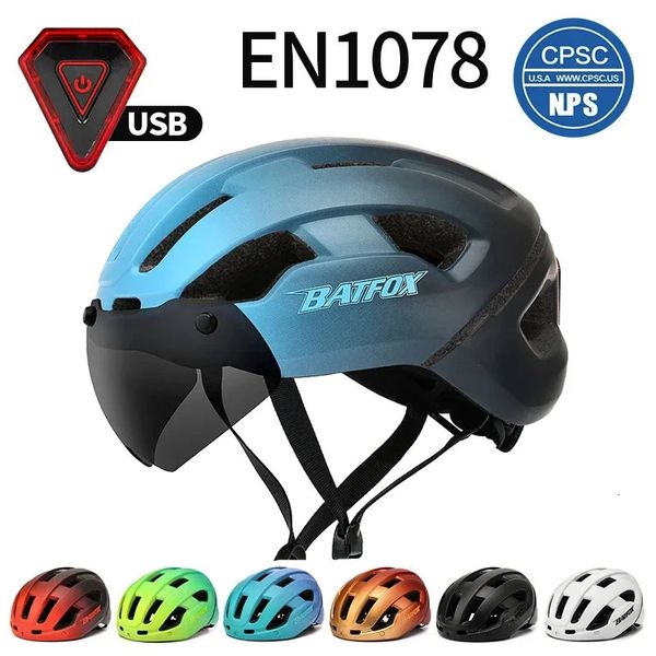 Casco da ciclismo Bat Luce a LED MTB Strada Montagna Bici da corsa Occhiali integrati Lente Uomo Donna Bicicletta da equitazione 240108