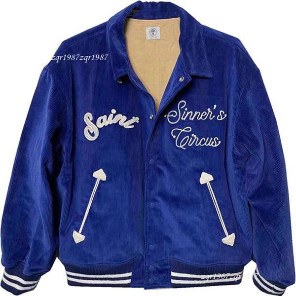 Uomini e donne Saint Sinner Giacca Poker Flame Ricamo Cappotto Abbigliamento Velluto a coste Giacche da baseball Blu Outwear Uniforme Moda alla moda