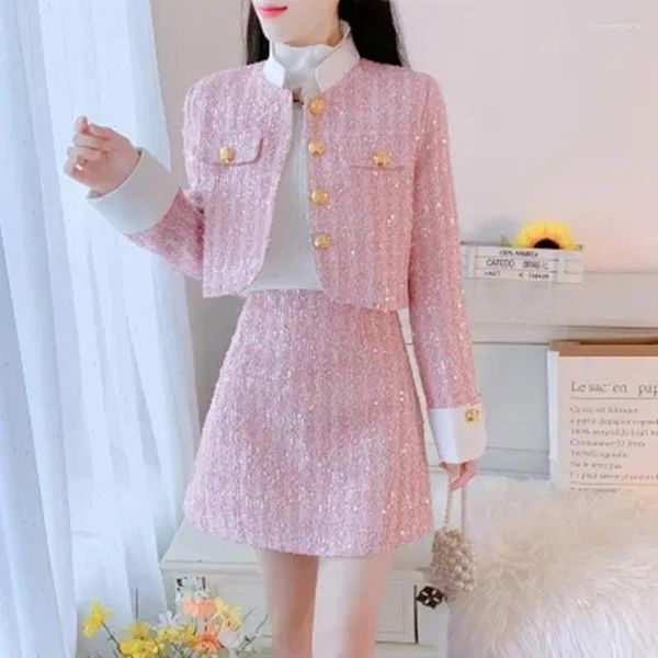 Arbeitskleider DALMAZZO Hochwertiger französischer Tweed mit Wollpailletten 2-teiliges Set Outfits Kurzmantel Minirock Damenanzüge Kleidung 2024