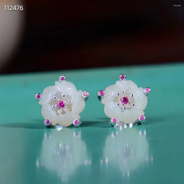 Stud Küpe Doğal Gerçek 925 Sterling Gümüş Mozaik Beyaz Hetian Lotus Çiçek Moda Mizaç Kadın Hediyesi