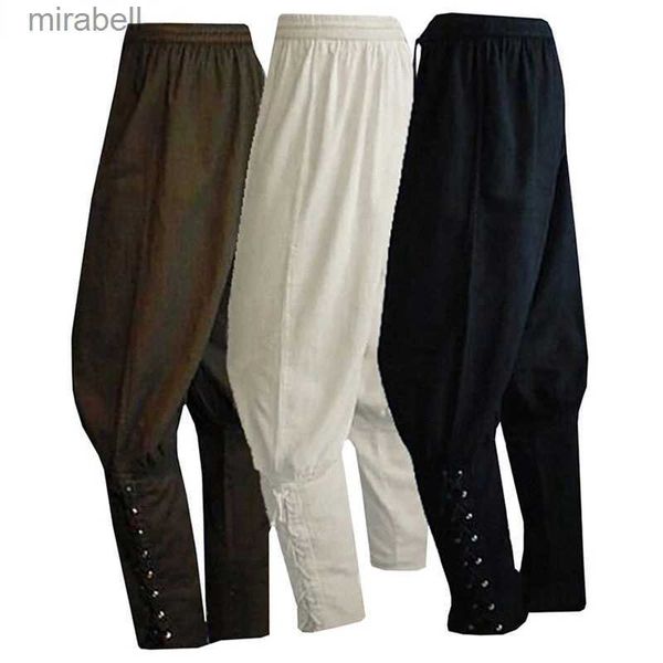 Calças masculinas Calças masculinas com faixa no tornozelo Medieval Viking Navigator Pirate Costume Pants Men Renaissance Halloween Cosplay Calças casuais masculinas YQ240108