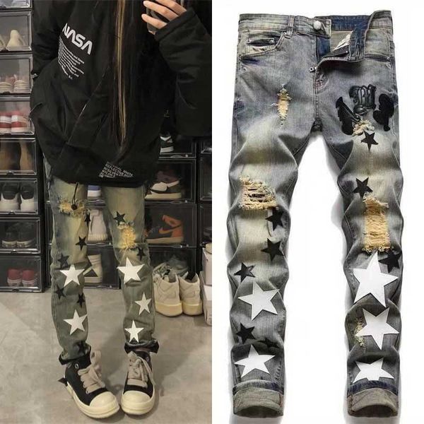 Men's Jeans 2023 Internet Famous High Street Five Pointed Star Patched Leather for Men and Women with a Slim Fit Straight Leg Pants Trend