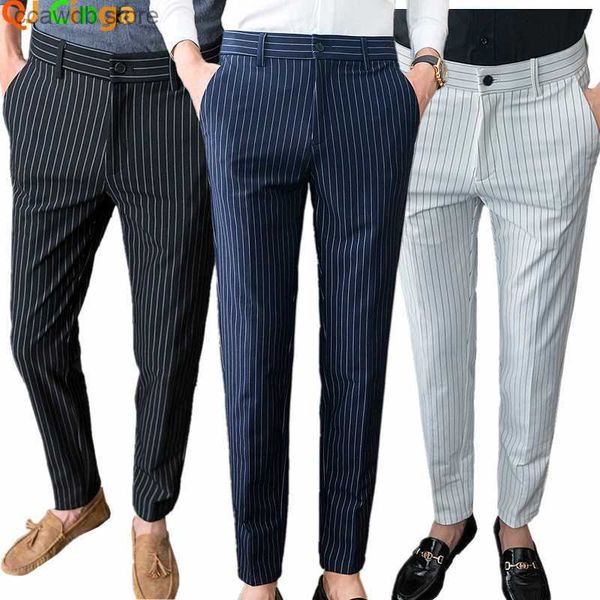 Erkek pantolon beyaz dikey çizgiler takım elbise erkekler mavi siyah pantolon moda ince erkek pantolon iş pantnes hombre sonbahar yeni slacks t240108