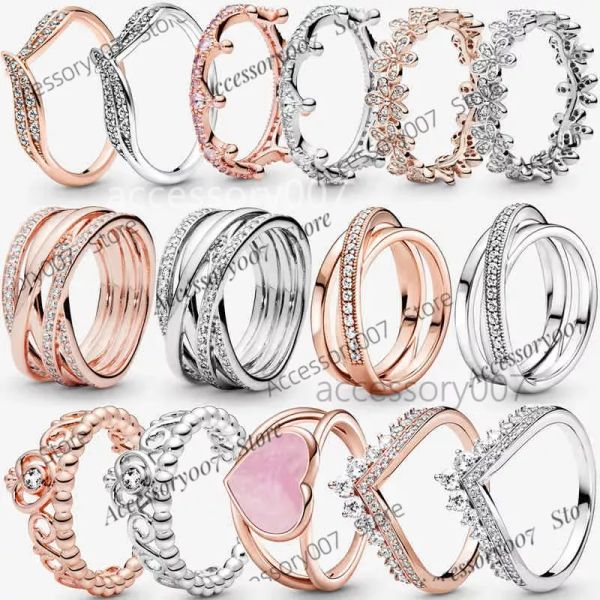 Anelli di gioielleria designer 2022 100% 925 Sterling Silver Princess Tiara Crown Sparkling Heart Heart Cz Rings for Women Engagement Evita Anniversario