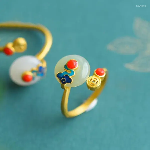 Кольца-кластеры в китайском стиле Хэтянь Нефритовое кольцо с пряжкой мира из стерлингового серебра с позолотой, эмалью Ruyi South Red Retro с открывающимся указательным пальцем W